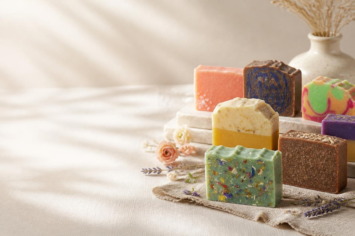 Assorted goat milk soap bars on marble and linen with lavender and dried flowers