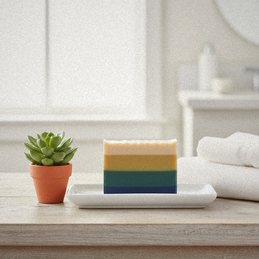 Green Clover & Aloe goat milk soap on a white dish with a potted succulent and towels