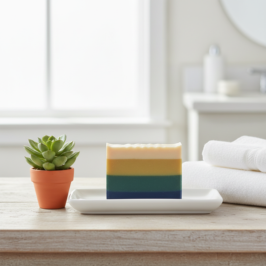 Layered stripe soap on ceramic dish with succulent