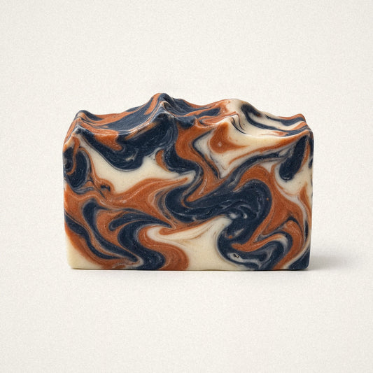 Perfect Man Cologne goat milk soap with navy, copper and cream swirls