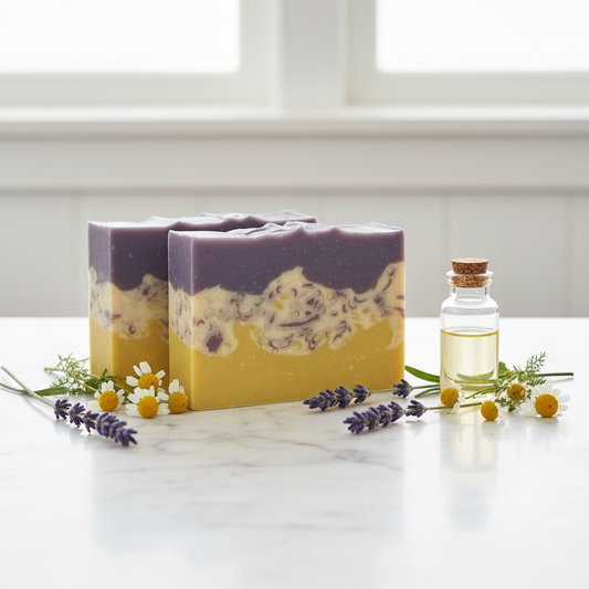 Purple yellow soap with lavender on marble