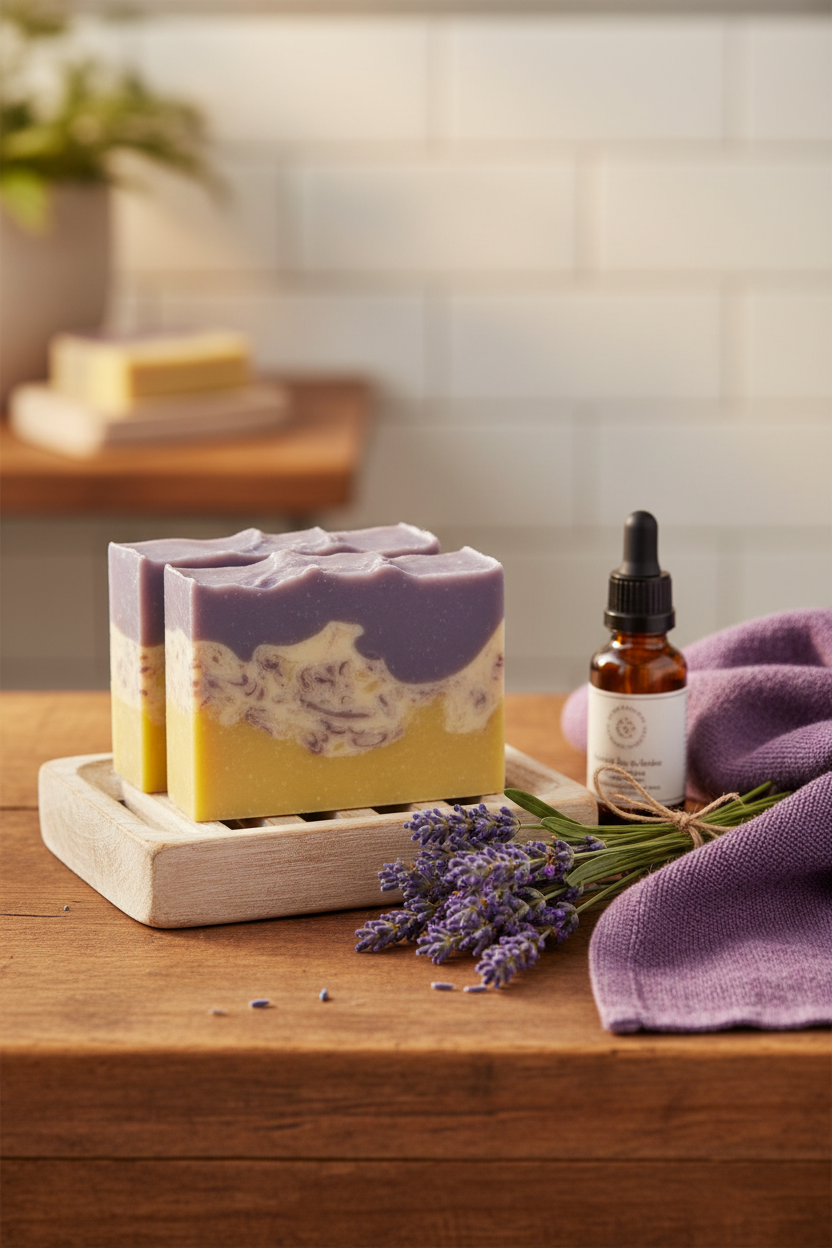 Wildberry goat milk soap on a white tray with lavender and a towel on a wooden counter