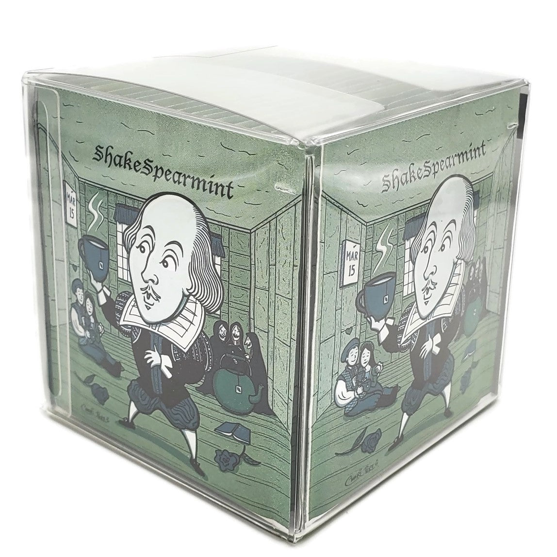 Cube-shaped product packaging with illustrations and ShakeSpearmint Mint Tea
