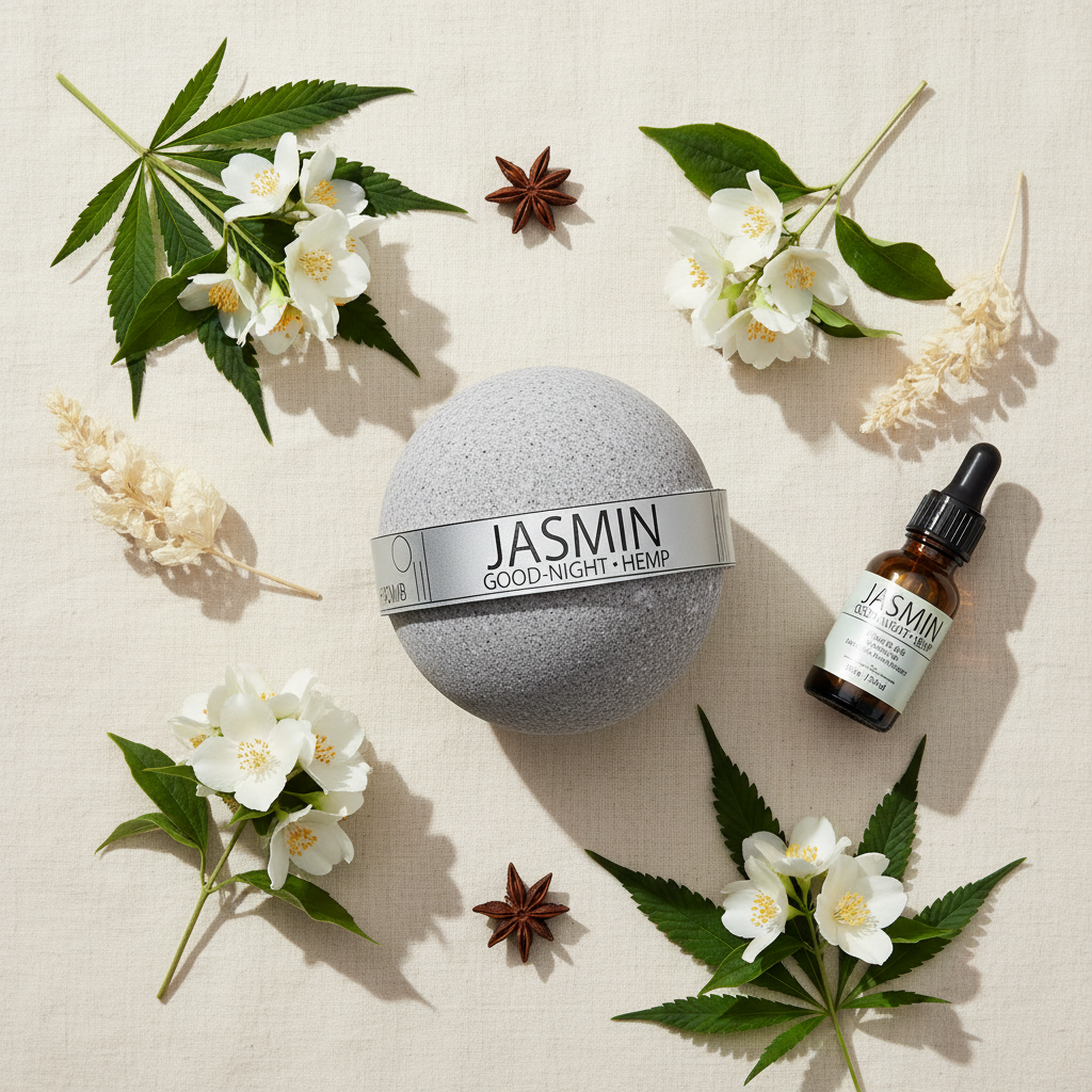 Flat Lay – Goodnight Jasmine & Hemp Oil Bath Bomb