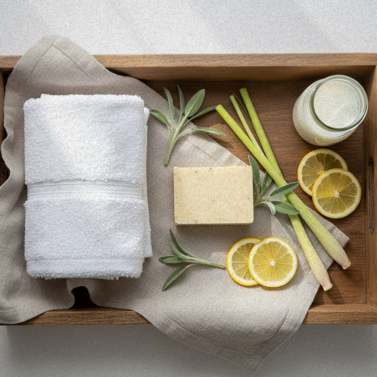 Lemongrass Sage goat milk soap in a wooden tray with a towel, lemongrass, sage and lemon slices