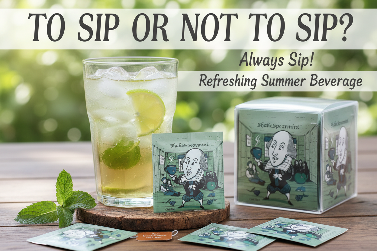 Refreshing summer beverage with lime and ice, accompanied by Spearmint tea bags on a wooden surface.