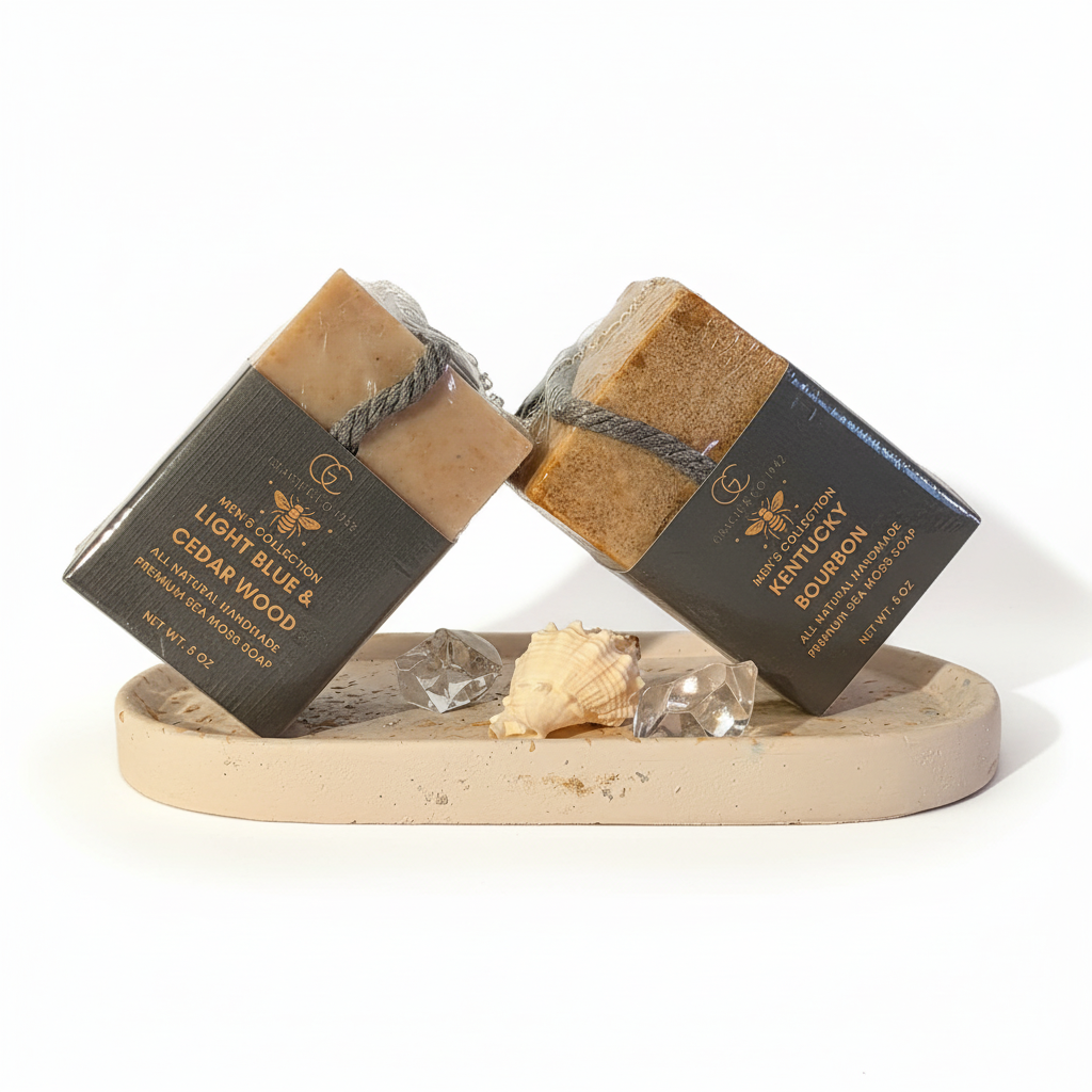 Light Blue & Cedar Wood and Kentucky Bourbon Soaps - Angle 2