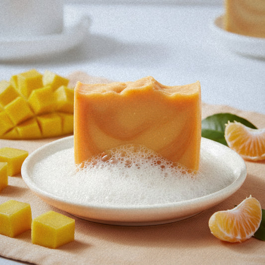 Mango Tangerine goat milk soap on a white dish with lather, mango cubes and tangerine slices