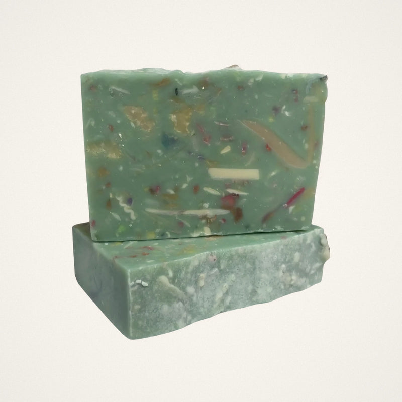 Rosemary Mint Mashup goat milk soap bars, green with colorful confetti flecks