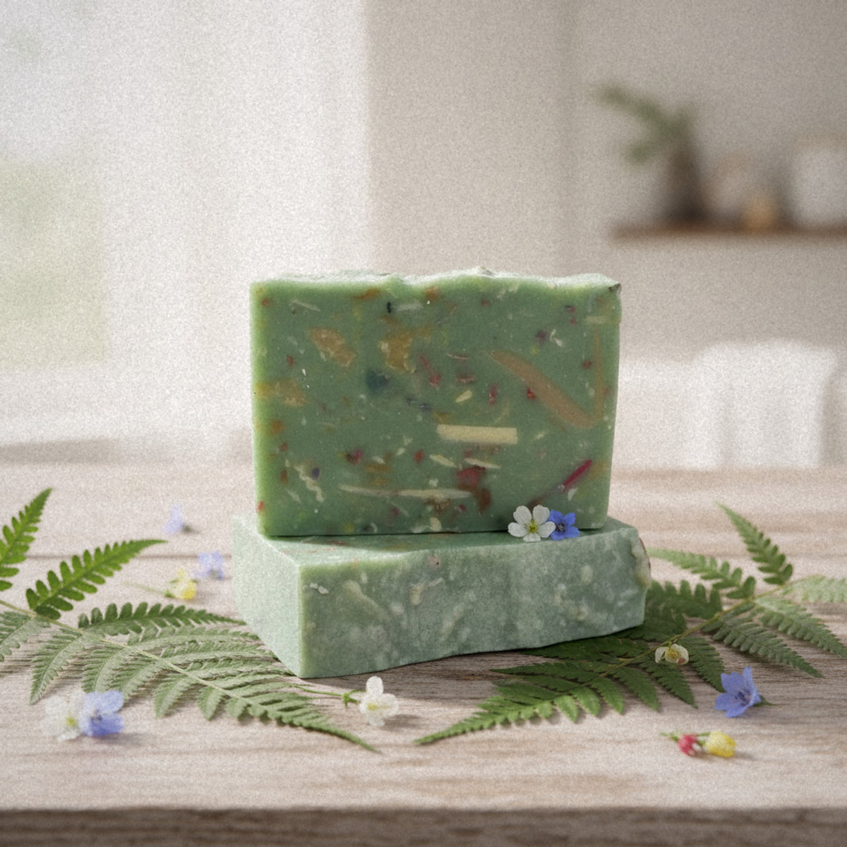 Rosemary Mint Mashup goat milk soap on wood with ferns and small blue flowers
