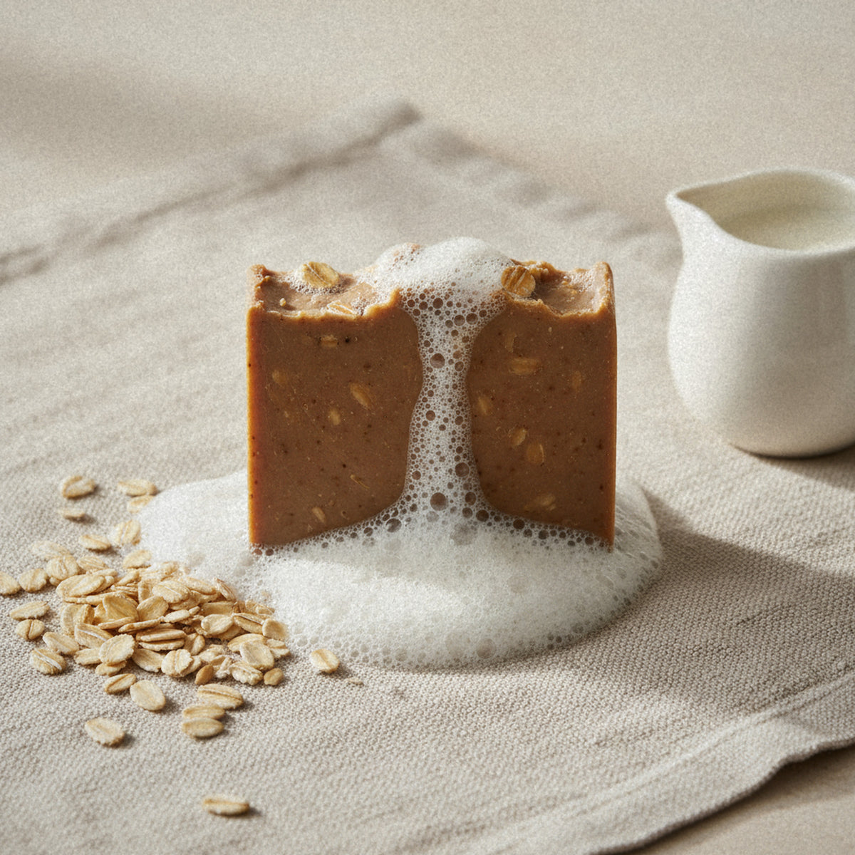 Purely Oats goat milk soap with lather, rolled oats and a milk jug on linen