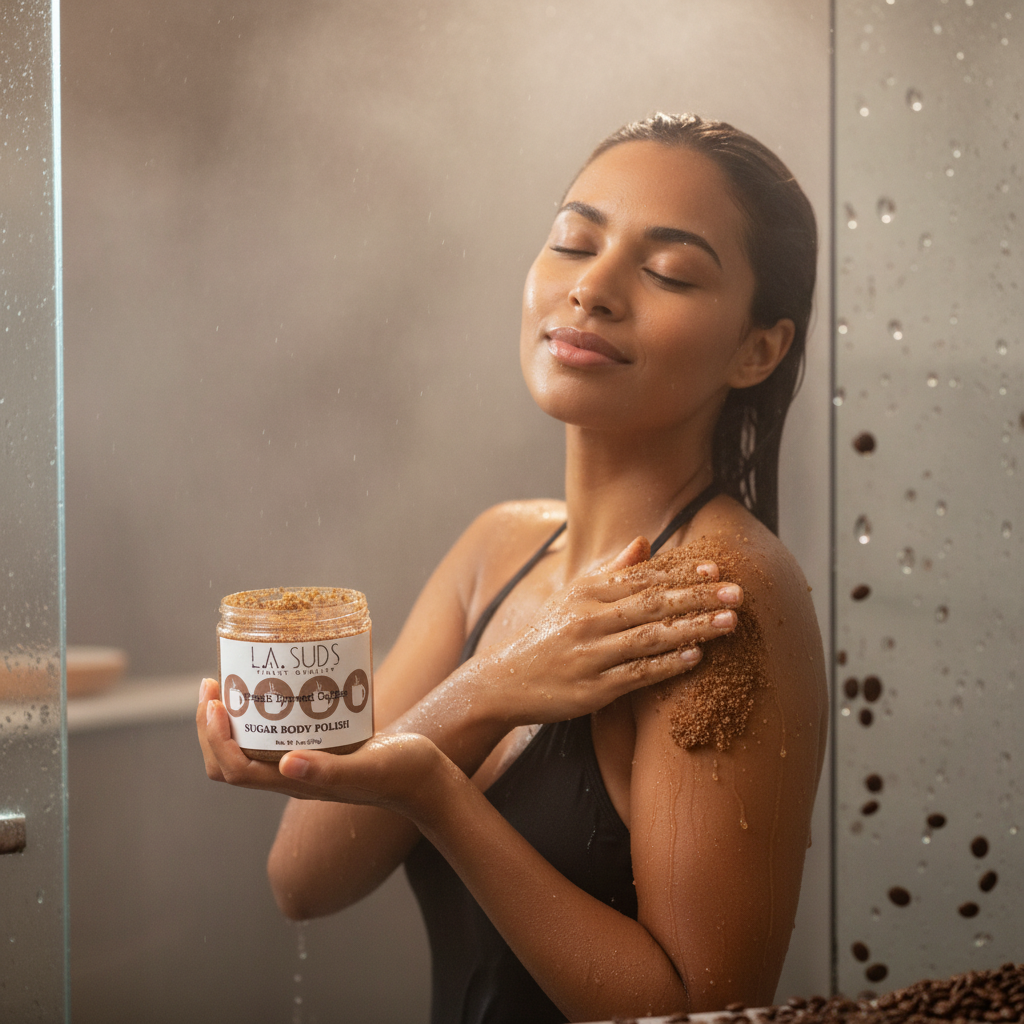 Woman Using Coffee Scrub in Shower